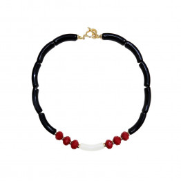 Black & White acrylic curved tube bead & burgundy crystals necklace