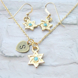 Gold Star of David set of necklace & earrings, Bat Mitzvah gift, Hanukkah gift, Jewish symbol