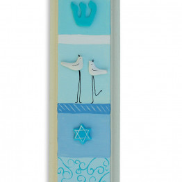 Hand made Mezuzah Case,Blue Mezuzah with clay birds