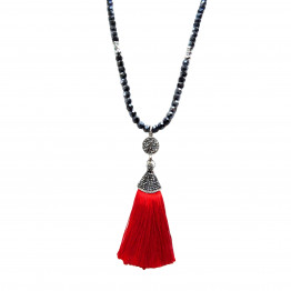 Handmade Red tassel & silver Swarovski crystals pendant, silver gray crystals Necklace