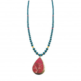 Handmade Red quartz stone pendant combined with green-turquoise crystals