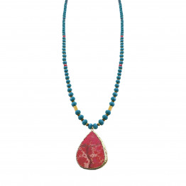 Handmade Red quartz stone pendant combined with green-turquoise crystals