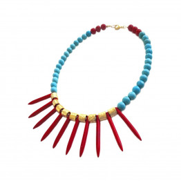 Red gemstone Howlite and turquoise & 24k gold plated metal beads necklace