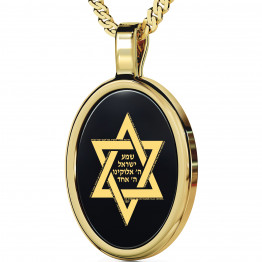 Shema Yisrael prayer necklace, Star of David pendant, Bar Mitzvah gift. Judaica jewelry, 14k gold & Black Onyx stone, .