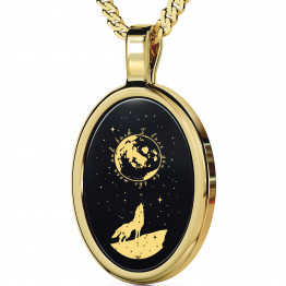 I Love You to the Moon and Back Necklace, Wolf and Stars pendant, 24K Gold & Oval Black Onyx, Valentine Gift, Unique jewelry for Her.