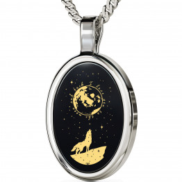 I Love You to the Moon and Back Necklace, Wolf and Stars pendant, 24K Gold & Oval Black Onyx, Valentine Gift, Love jewelry.