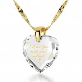 I Love you to the Moon and Back inscribed in pure 24 karat gold on Cubic Zirconia gemstone. Unique jewelry for her.